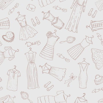 Vector pattern with dresses and accessories in blue