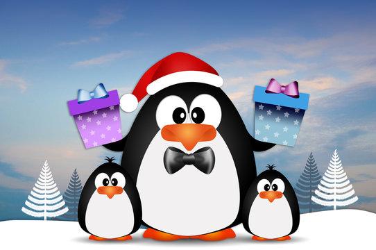 Family of penguins with gifts for Christmas