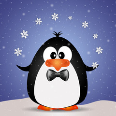 Funny penguin playing with snowflakes