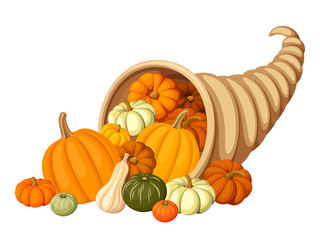 Autumn cornucopia (horn of plenty) with pumpkins. Vector. - obrazy, fototapety, plakaty