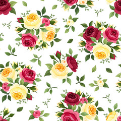 Seamless pattern with red and yellow roses on white. Vector.