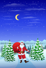 Santa Claus in winter forest woods hold sack christmas eve