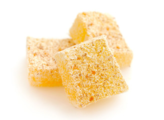 Sweet pieces of turkish delight on white background