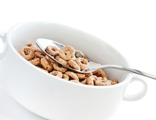 Chocolate cereal rings in bowl