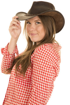 cowgirl red white shirt hat touch brim smile