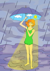 Nice girl with sunny umbrella in a rainy day