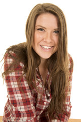 woman close red plaid shirt big smile