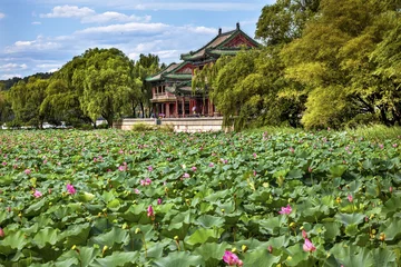 Fototapeten Red Pavilion Lotus Garden Summer Palace Park Beijing China © Bill Perry