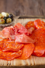Platter of serrano jamon Cured Meat,  chorizo and olives