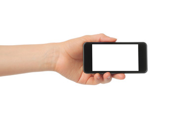Hand holding smart phone isolated