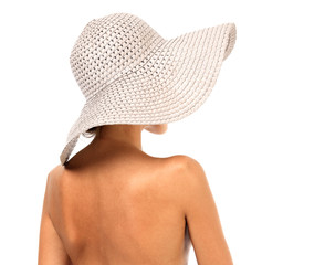 Naked woman in a sunhat, isolated on white background