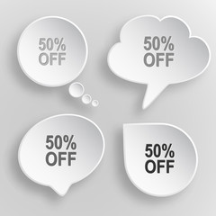 50% OFF. White flat vector buttons on gray background.