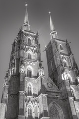 Wieże Wrocławskiej katedry w czerni i bieli