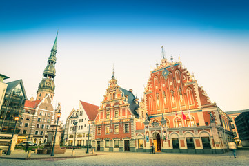 Fototapeta premium Vintage retro postcard of Town Hall Square in Riga Latvia