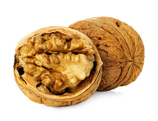 Half walnut kernel and whole walnut isolated on white background