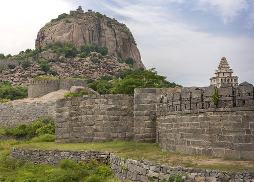 Gingee fort dominates the hill with ramparts.