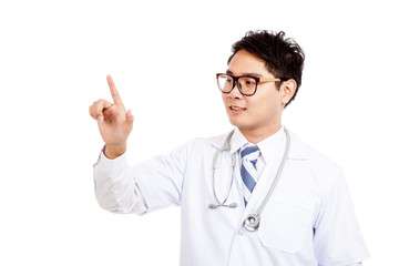 Asian male doctor touch screen with pointing finger