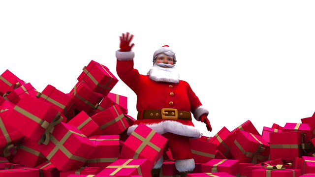 Santa crashes through pile of present boxes.