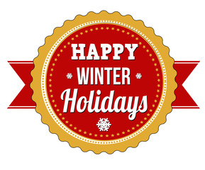 Happy winter holidays badge on white