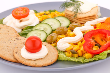 Fototapeta na wymiar Snack with vegetables and crackers