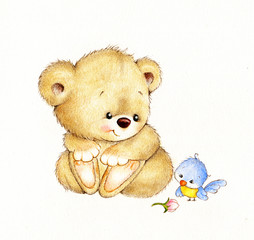 Cute Teddy bear and bird - 72639913