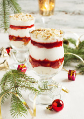 Layered strawberry dessert with cream.