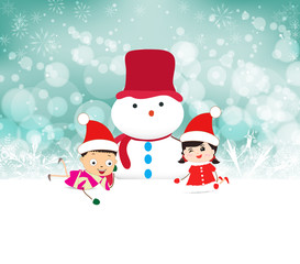 kids and snowman background with snowflakes