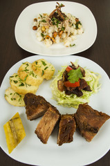 fritada with mote con chicharron fried pork hominy toasted corn