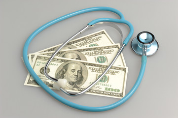 Stethoscope and money on gray