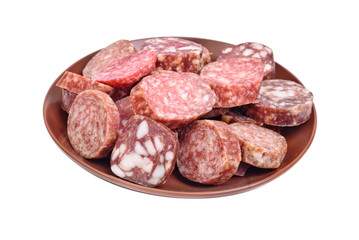 sausage sliced in brown plate isolated on white