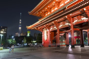 Papier Peint photo Temple Temple Sensoji Temple Sensoji et Tokyo Sky Tree illuminés
