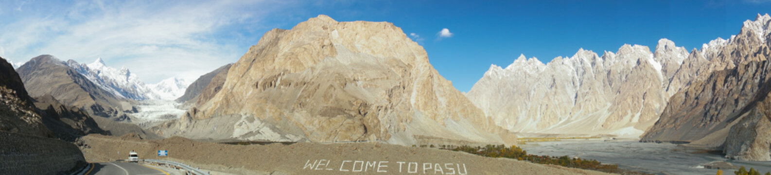 Panoramic view of Pasu Glacier and  and Tupopdan or Pasu Cathedr