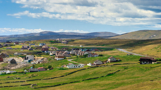 Lerwick town center under blue sky