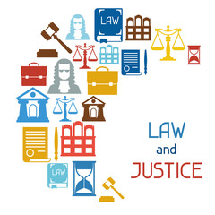 Law and justice icons background in flat design style.