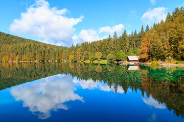 Fototapeta premium Beautiful Laghi di fusine lake in Italian alps
