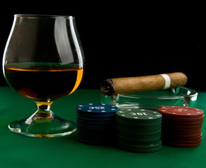 alcohol, chips and cigar