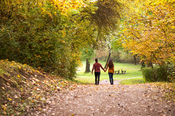Young love couple, holding hands walking in the autumn forest