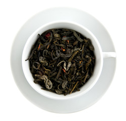 black leaves tea in teacup