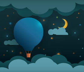 Abstract paper cut-Hot air balloon,moon,stars at night sky
