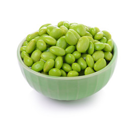 green soy beans in  bowls on white background