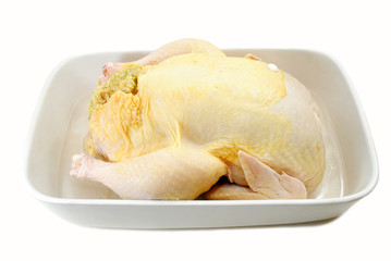 Stuffed Whole CHicken in a White Roasting Pan