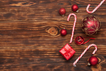 Christmas Decorations. Gift Box. Candy Canes. Wooden Background