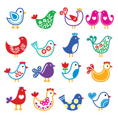 Folk art colorful birds vector icons set