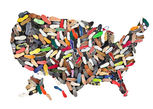 Map of the United States laid out different shoes