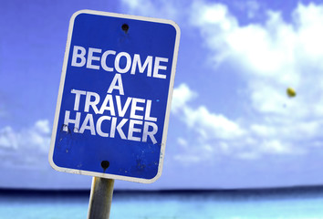 Become a Travel Hacker sign with a beach on background - obrazy, fototapety, plakaty