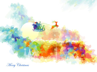 Santa claus flying over a colorful forest