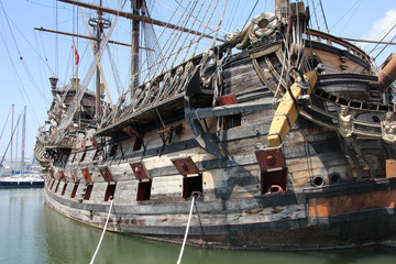 Wooden Galeone Neptune, tourist attraction in the old port of Genoa, Italy 