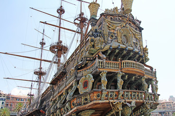 Stern Galeone Neptune, tourist attraction in the old port of Genoa, Italy 