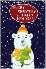 Greeting Christmas and Happy New Year card with polar bear.