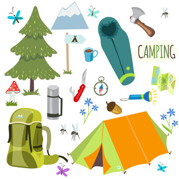 camping and Hiking equipment vector set